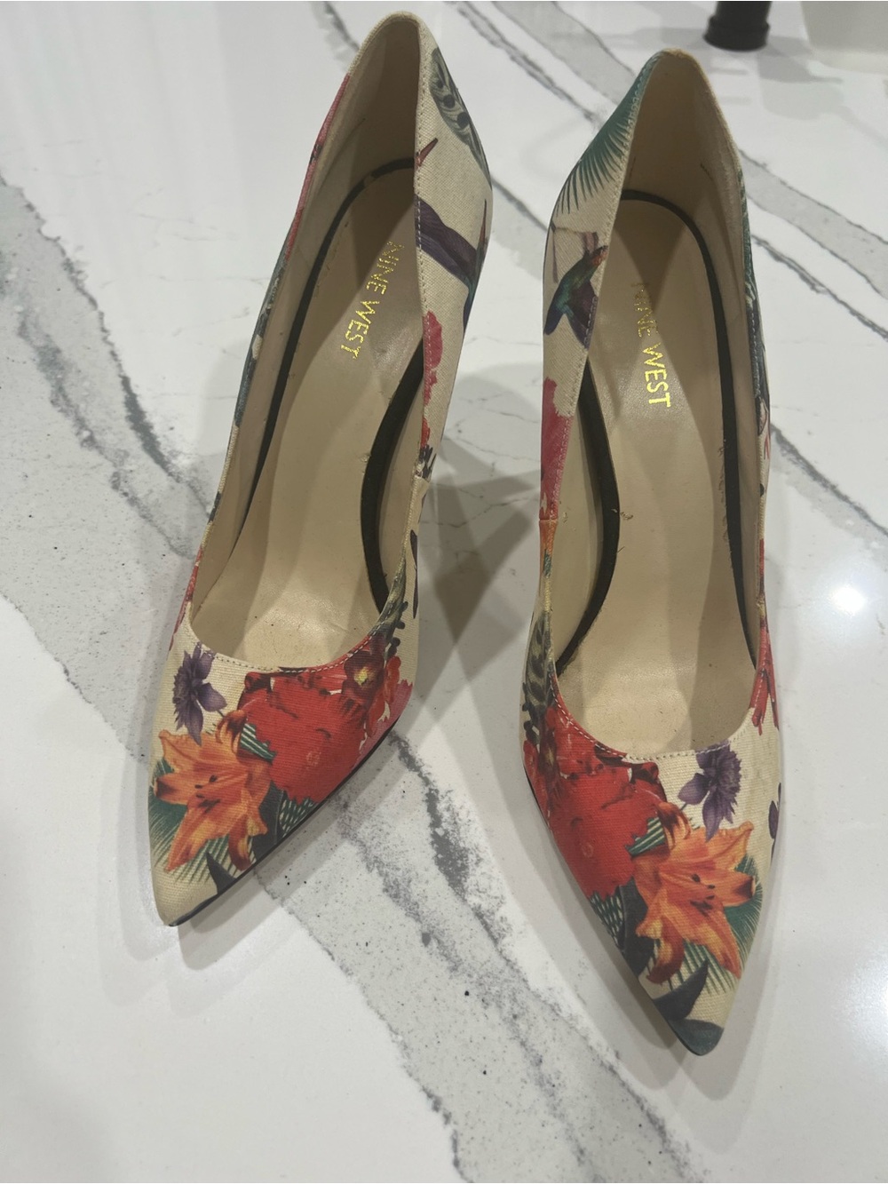Nine West Cream Floral Pointed-Toe Pumps with Red & Orange Blooms
